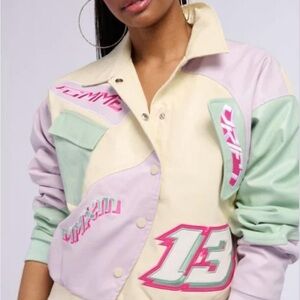 Akira ANGEL EYES PASTEL PU COLOR BLOCK BOMBER IN MULTI